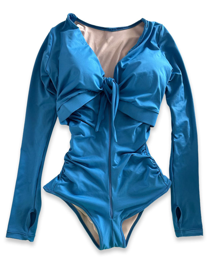 Curvy-Fit Blue Long Sleeve Swimsuit with Built-In Shapewear