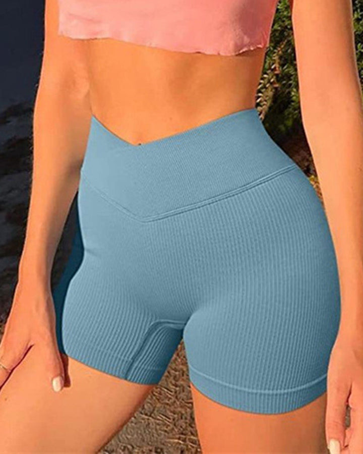 Ribbed V-Waist Elastic Yoga Shorts - Slim Fit Workout Leggings