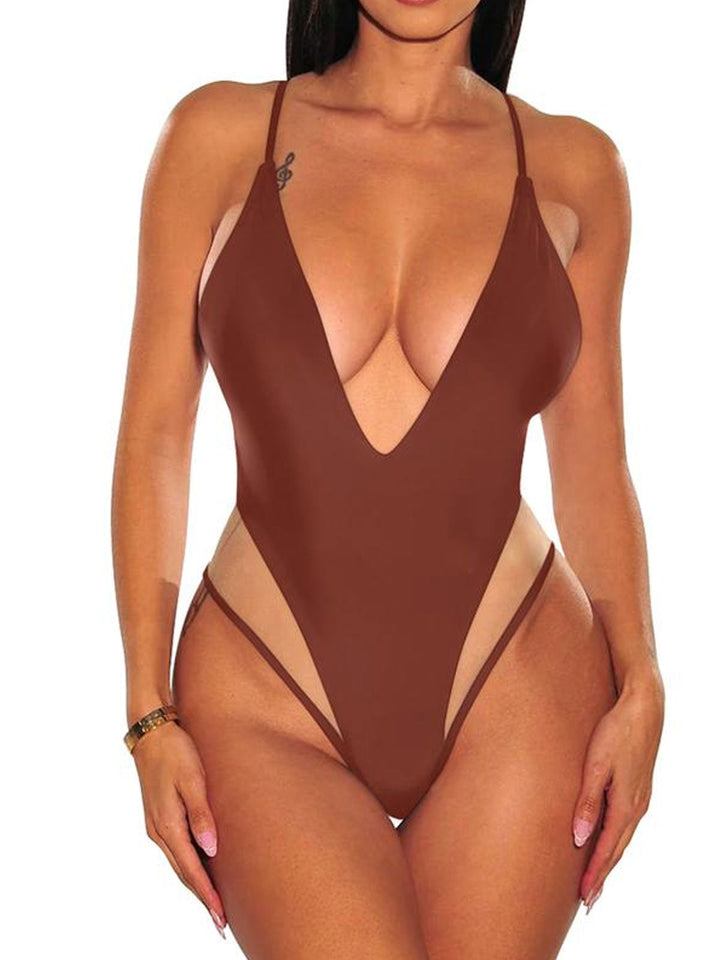 Mesh Spaghetti Strap Shapewear Swimsuit with Deep V-Neck