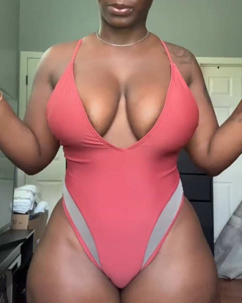 Mesh Spaghetti Strap Shapewear Swimsuit with Deep V-Neck