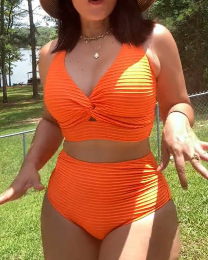 Chic Ribbed High-Waist Bikini with Twisted Front Design
