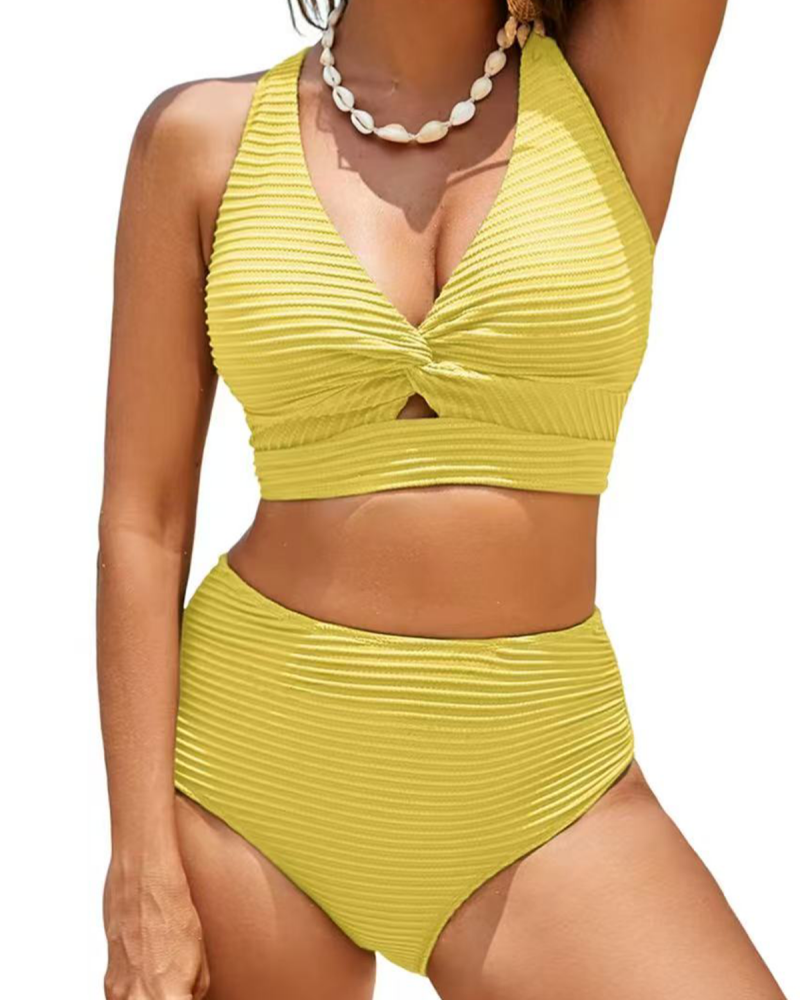 Chic Ribbed High-Waist Bikini with Twisted Front Design