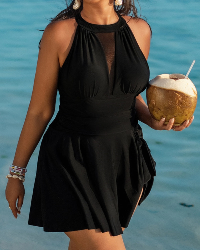 HALSTON |Plus Size Swimsuit with Mesh Detail and Tummy Control