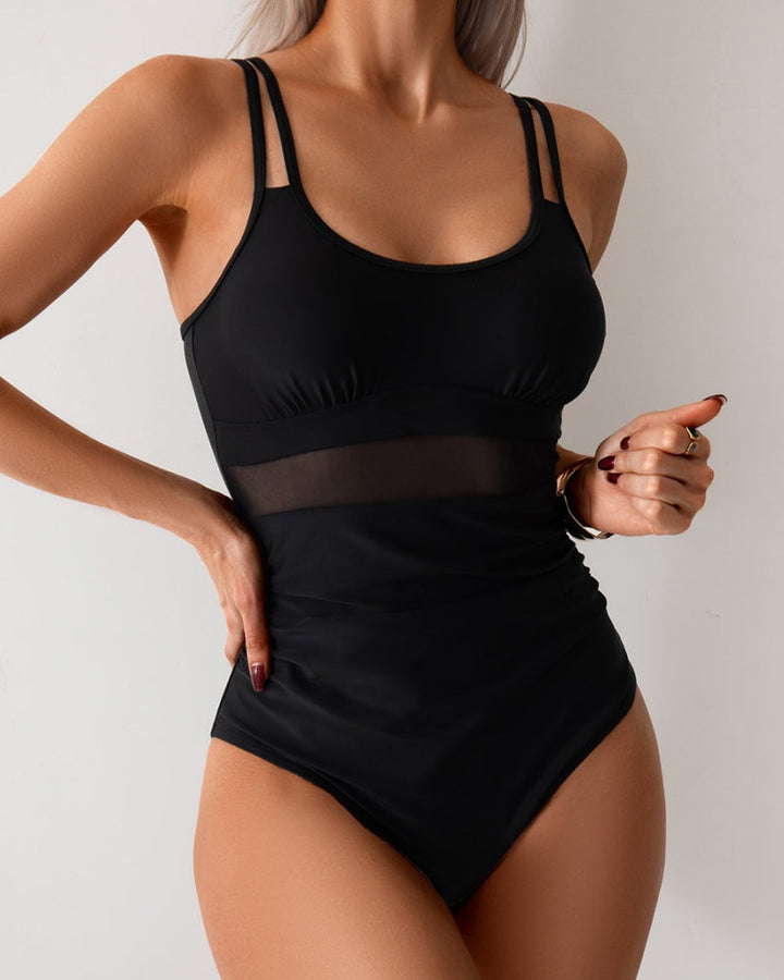 Double-Strap One-Piece Swimsuit with Tummy Control and Mesh Detail