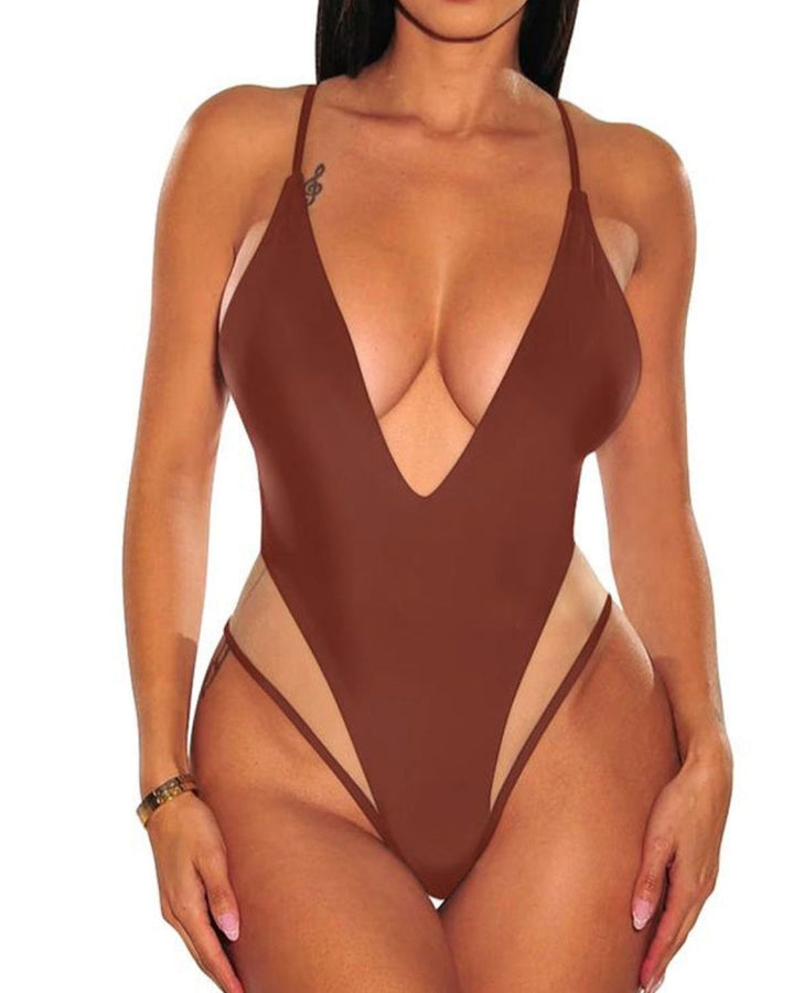 Mesh Spaghetti Strap Shapewear Swimsuit with Deep V-Neck