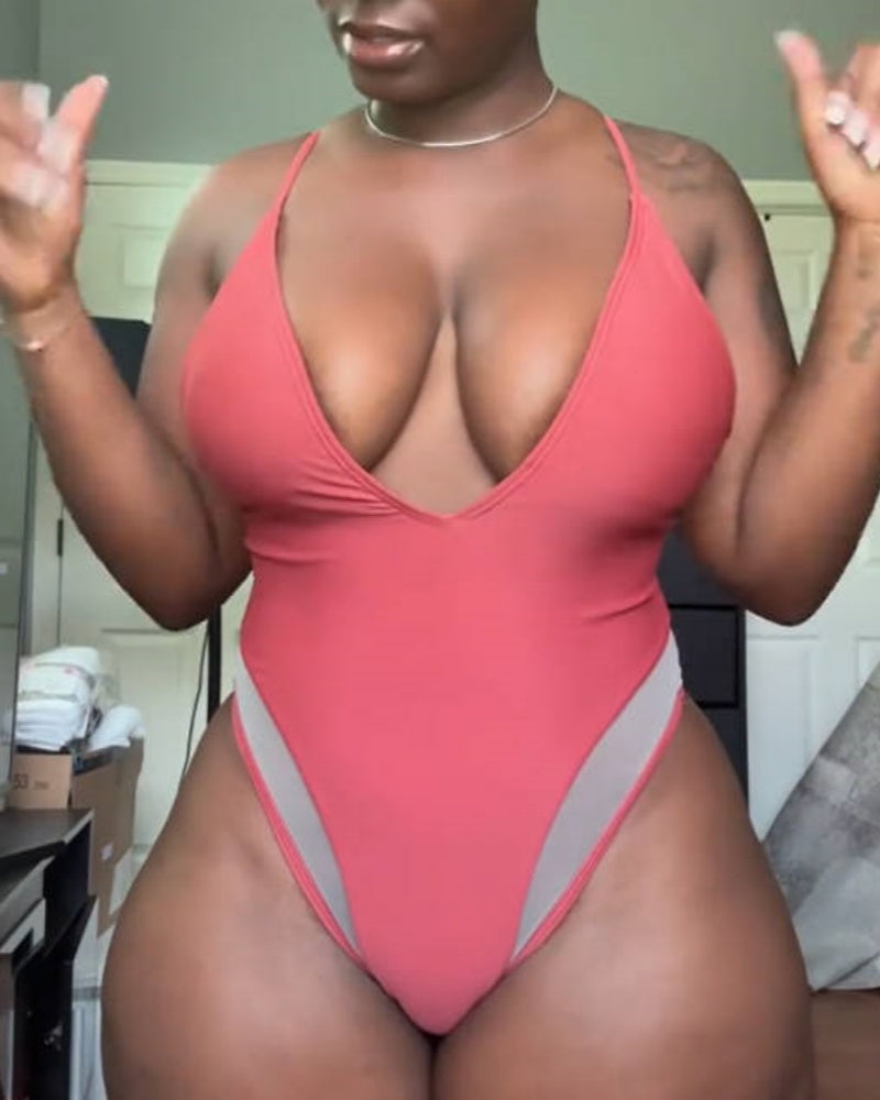 Mesh Spaghetti Strap Shapewear Swimsuit with Deep V-Neck