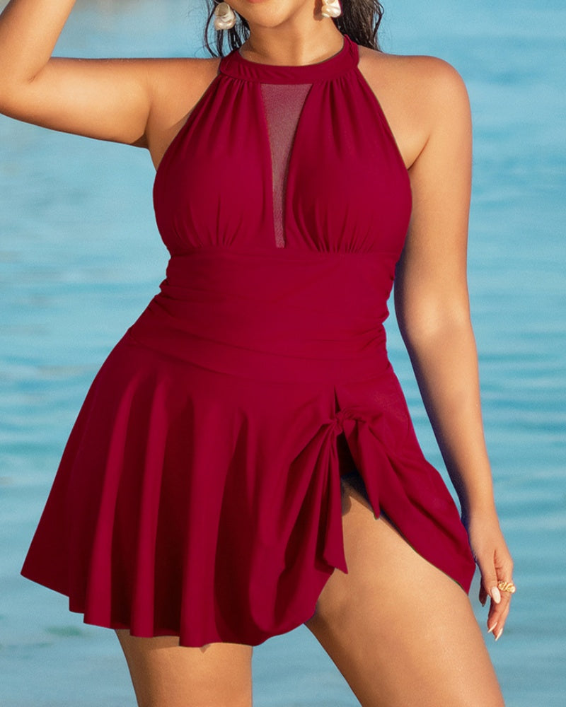 HALSTON |Plus Size Swimsuit with Mesh Detail and Tummy Control