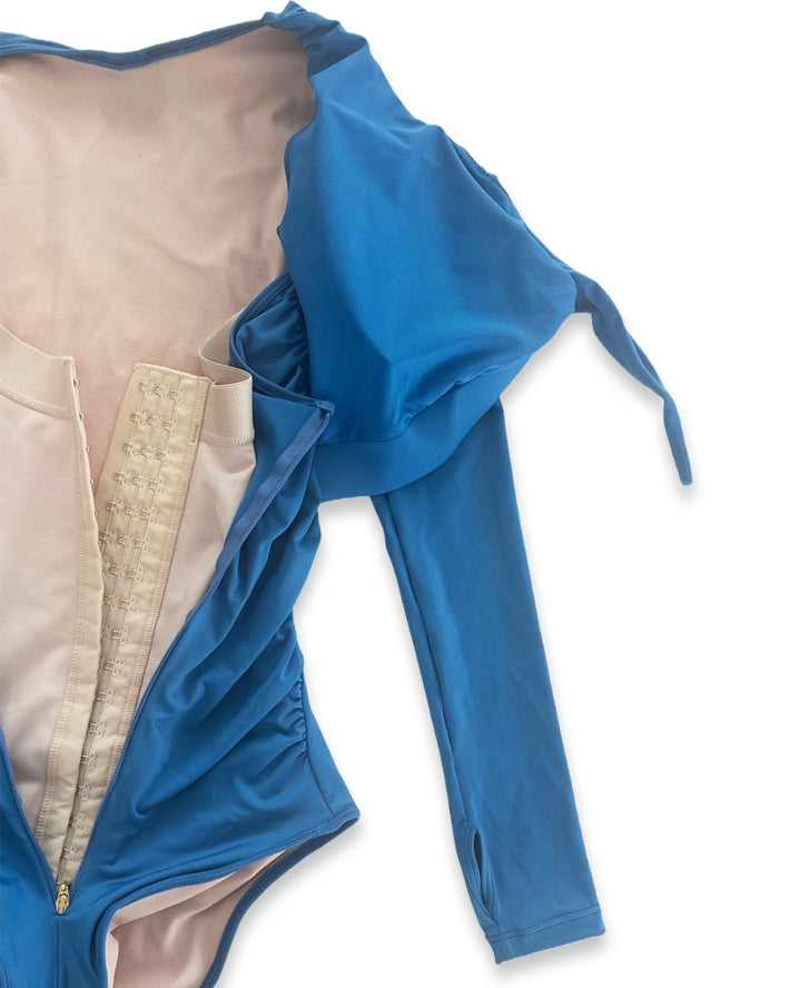 Curvy-Fit Blue Long Sleeve Swimsuit with Built-In Shapewear