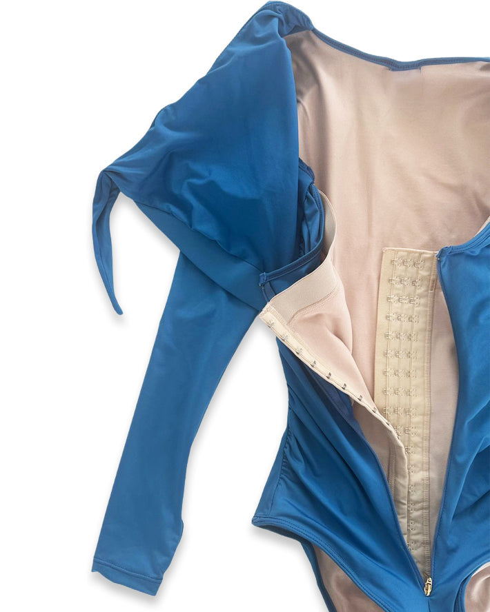 Curvy-Fit Blue Long Sleeve Swimsuit with Built-In Shapewear