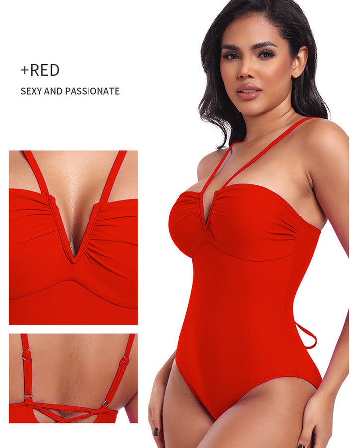 V-Neck Halter Swimsuit with Back Lacing