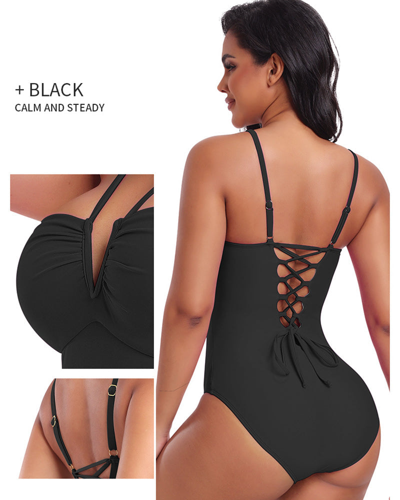 V-Neck Halter Swimsuit with Back Lacing
