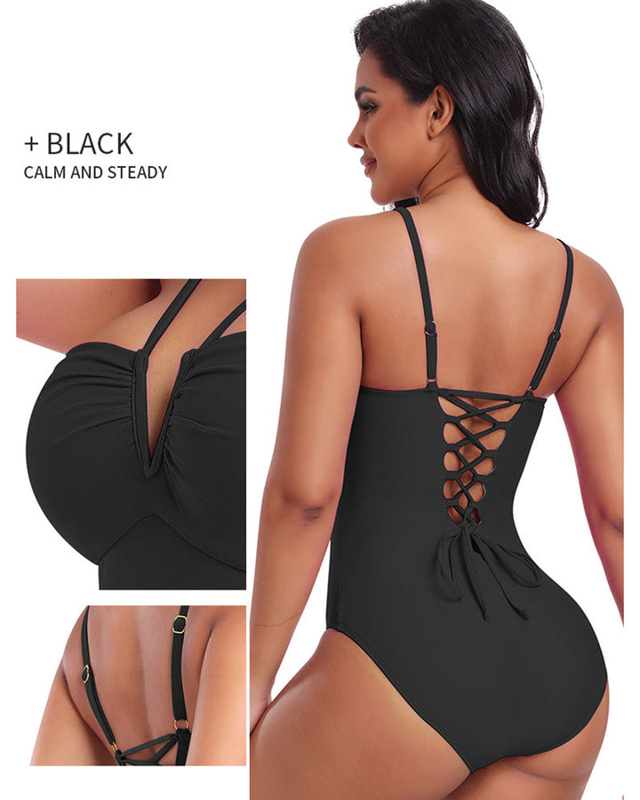 V-Neck Halter Swimsuit with Back Lacing