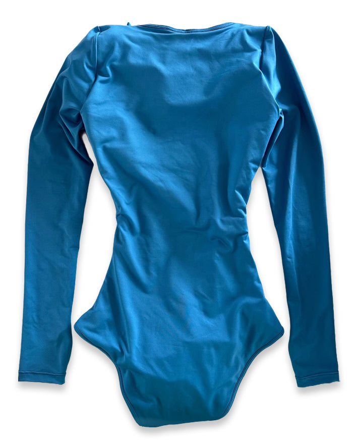 Curvy-Fit Blue Long Sleeve Swimsuit with Built-In Shapewear