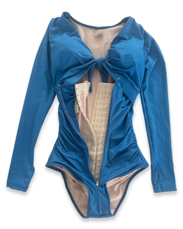 Curvy-Fit Blue Long Sleeve Swimsuit with Built-In Shapewear