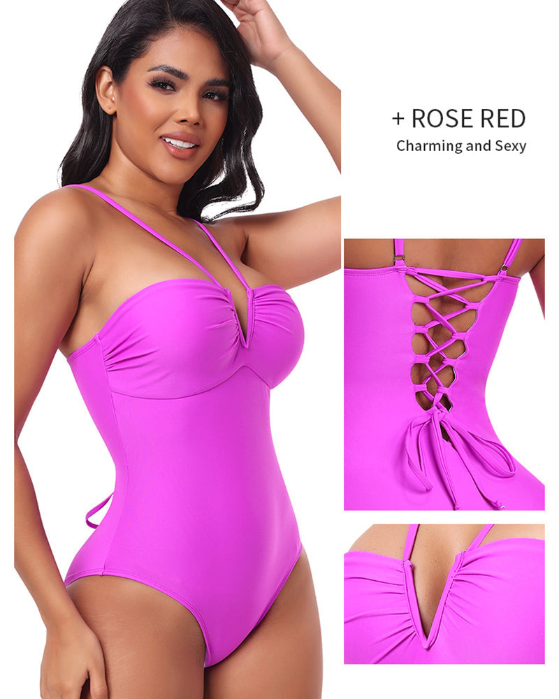 V-Neck Halter Swimsuit with Back Lacing