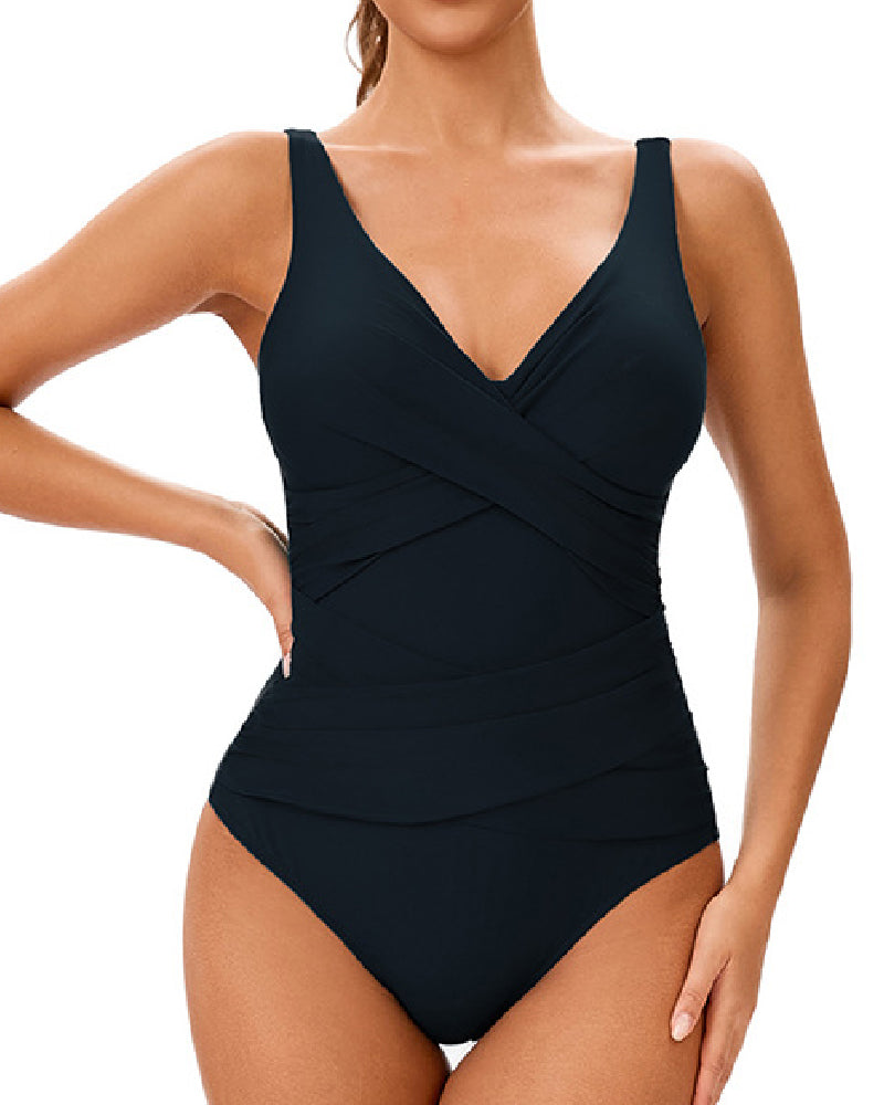 KAKUH | Tummy Control Deep V Cross-Front Pleated Swimsuit