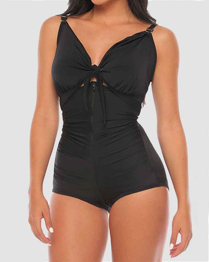 High-Waisted Pleated One-Piece Swimsuit with Tummy Control