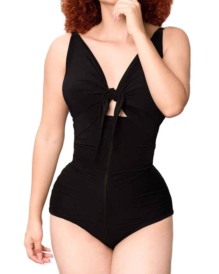 High-Waisted Pleated One-Piece Swimsuit with Tummy Control