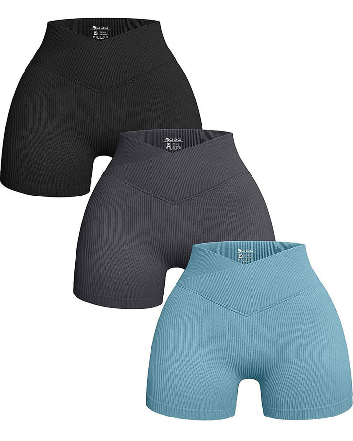 Ribbed V-Waist Elastic Yoga Shorts - Slim Fit Workout Leggings