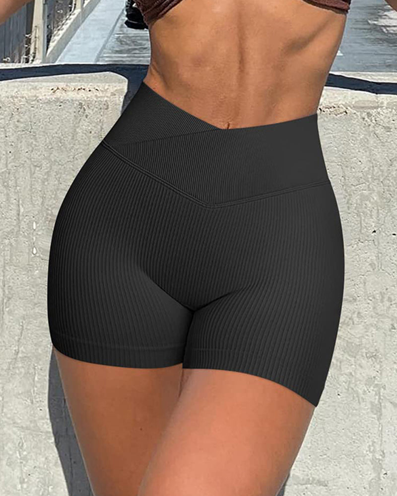 Ribbed V-Waist Elastic Yoga Shorts - Slim Fit Workout Leggings