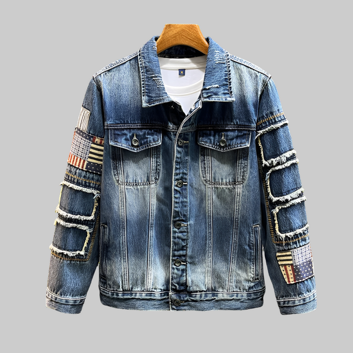 Retro Blue Patched Denim Jacket for Men