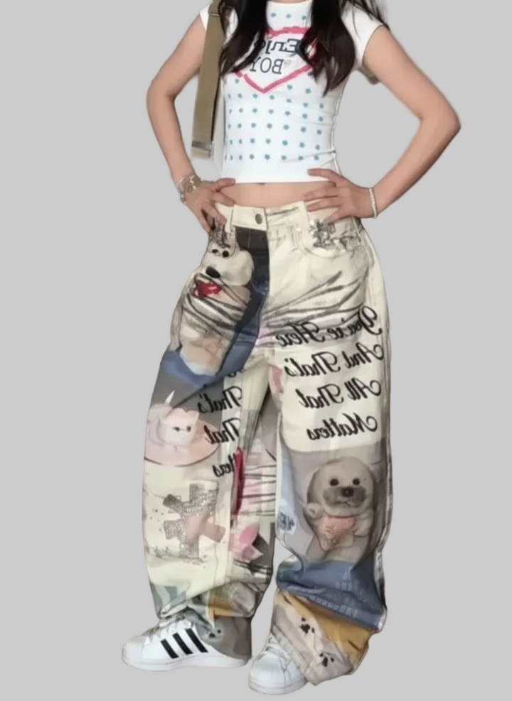 Loose-Fit Cartoon Print Harajuku Baggy Pants