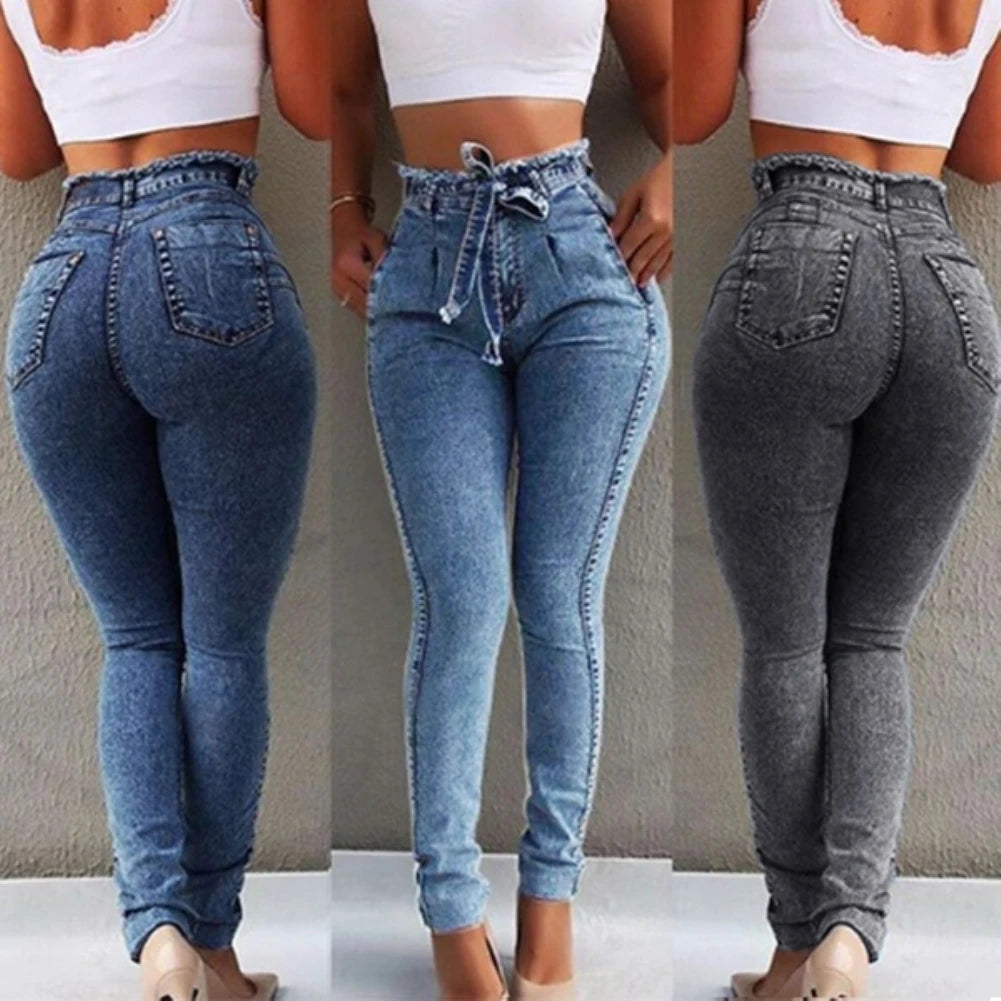 Trendy High-Waisted Belted Skinny Jeans