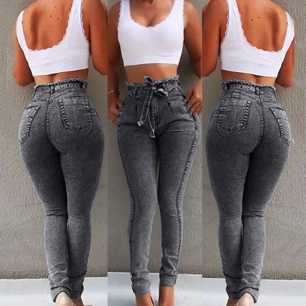 Trendy High-Waisted Belted Skinny Jeans