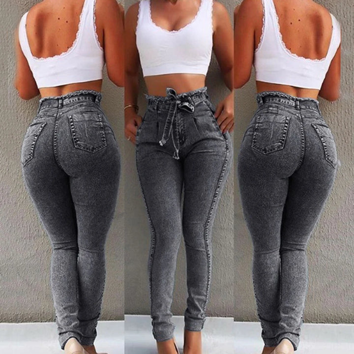 Trendy High-Waisted Belted Skinny Jeans
