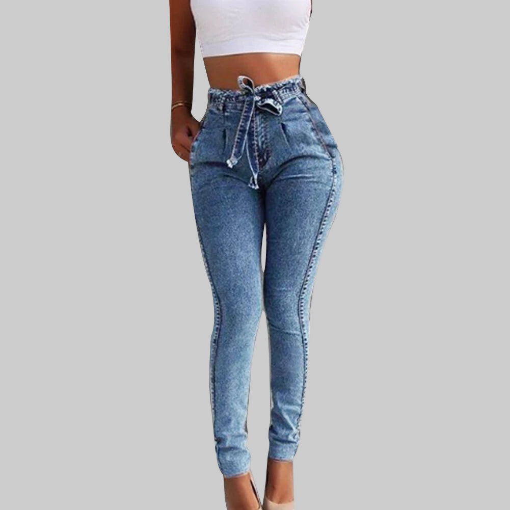 Trendy High-Waisted Belted Skinny Jeans