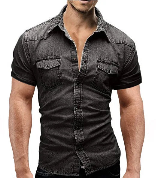 Slim Fit Solid Color Vintage Denim Shirts