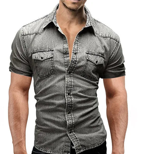 Slim Fit Solid Color Vintage Denim Shirts