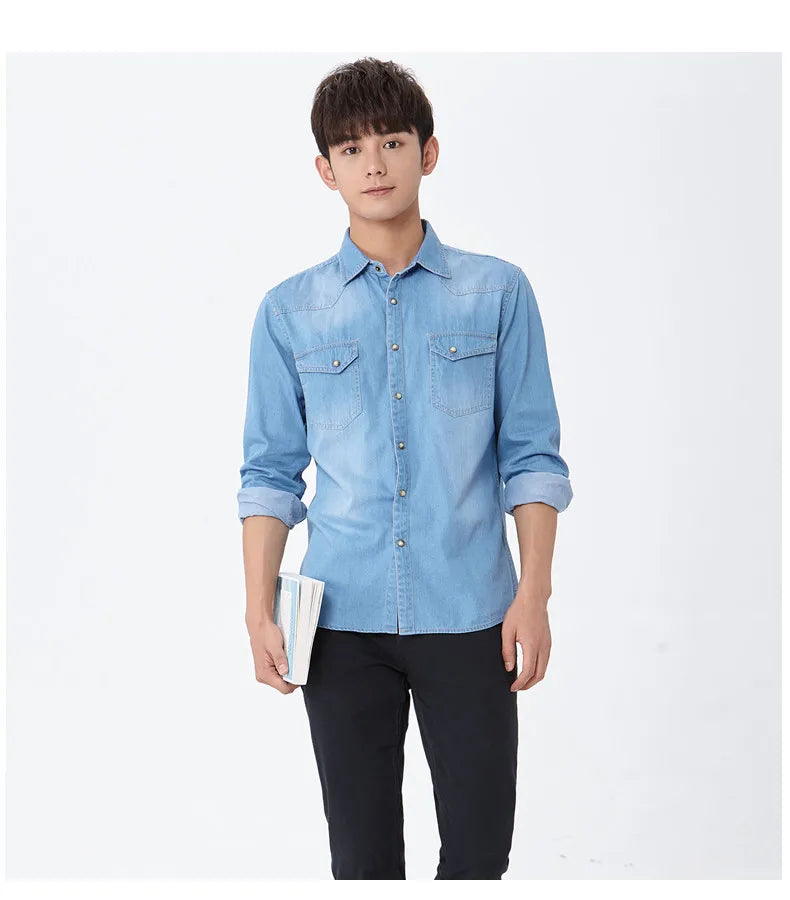 Luxury Cotton Slim Fit Square Collar Denim Shirt
