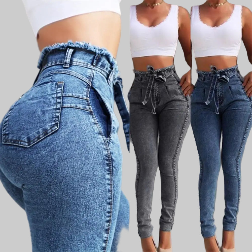 Trendy High-Waisted Belted Skinny Jeans