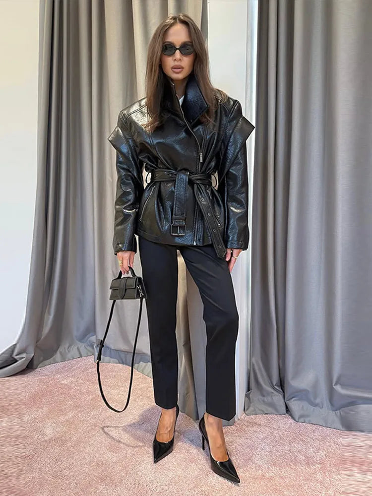 Lace Up Zipper Turn-down Collar Leather Jacket