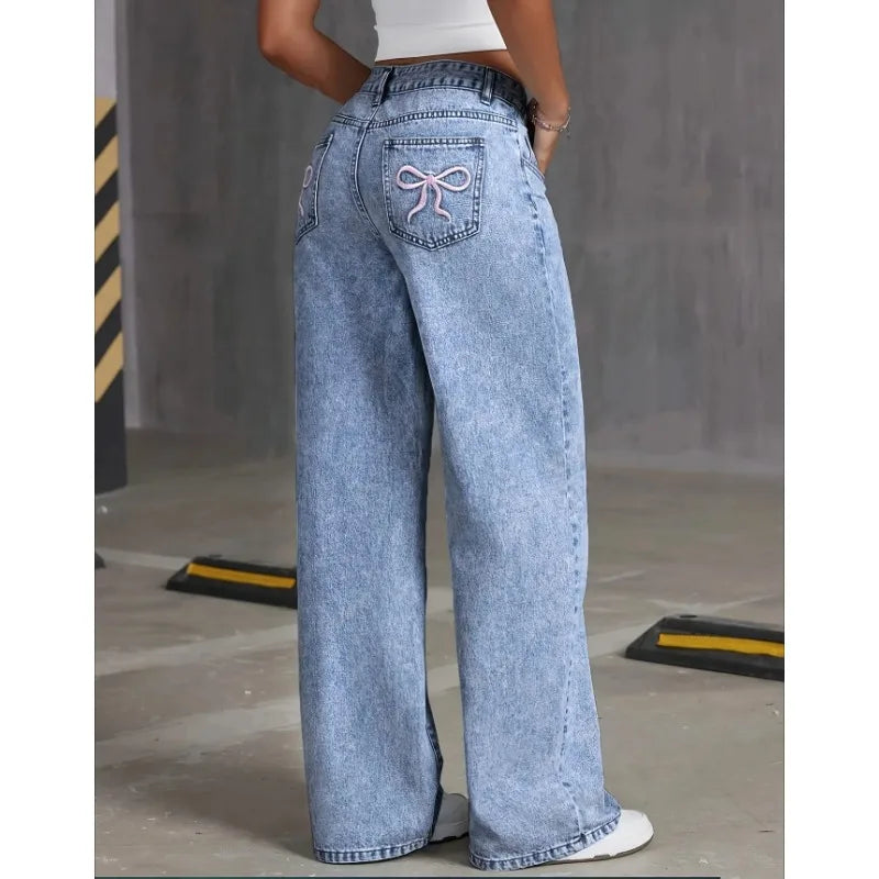 High-Waisted Wide Leg Denim Jeans with Bow Embroidered Pockets
