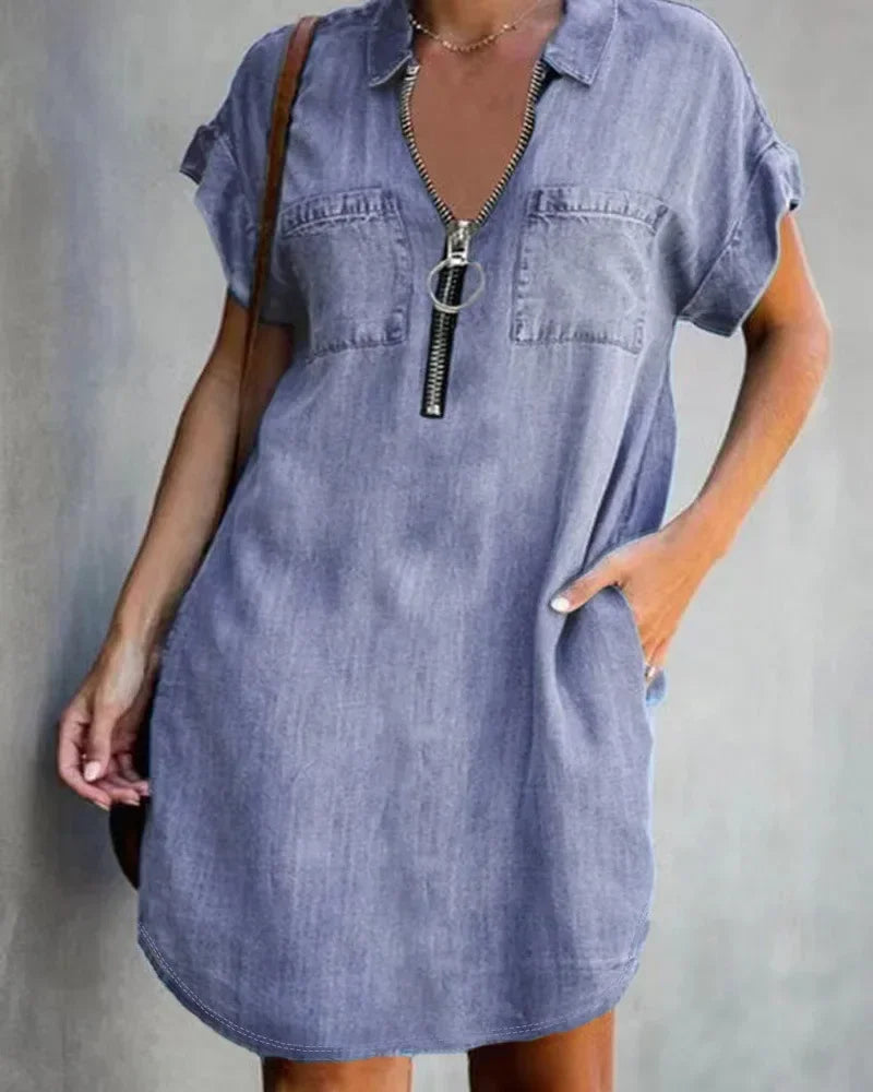 Cowboy-Inspired Denim Dress with Square Collar