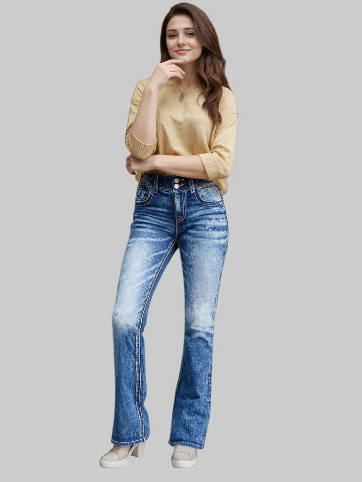 High-Waisted Embroidered Elastic Jeans
