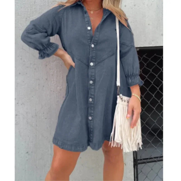 Denim Shirt Dress Collared Lantern Sleeves,
