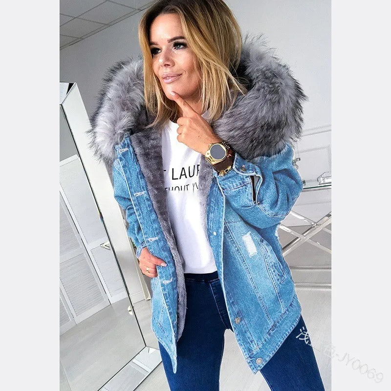 Retro Winter Denim Single-Breasted Hooded Jacket