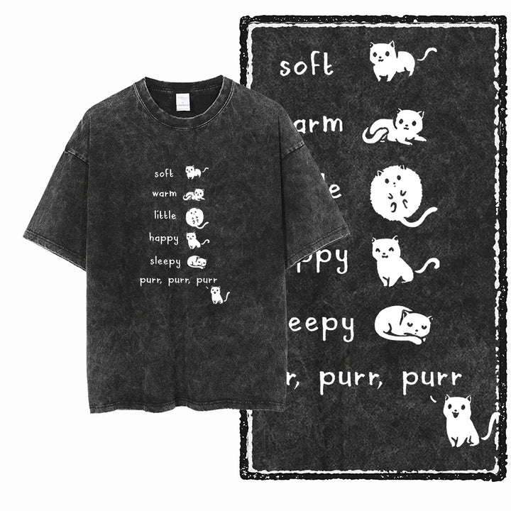 Cat Print Acid Washed Cotton Graphic T-Shirt