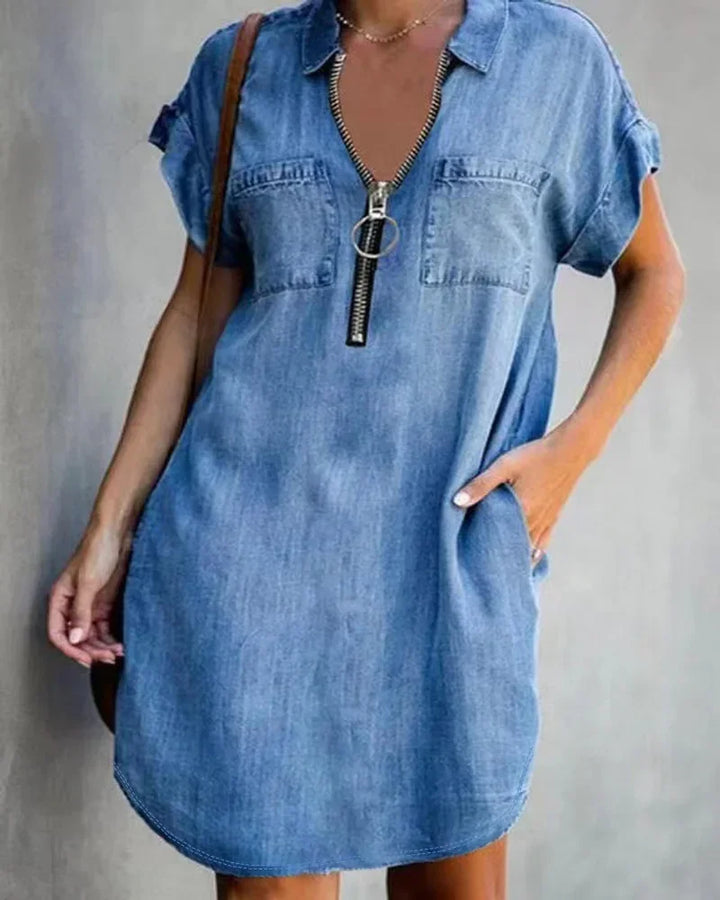 Cowboy-Inspired Denim Dress with Square Collar