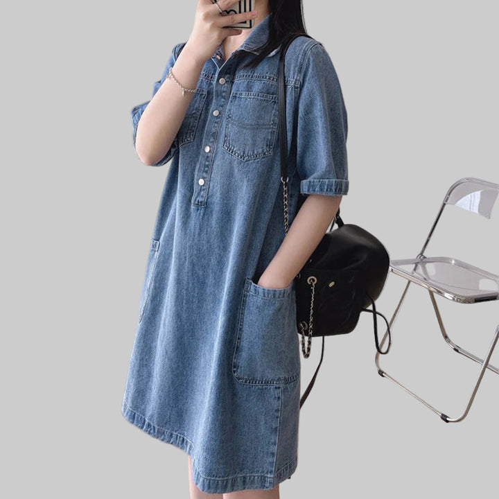 Knee-length Vintage denim dress with polo collar