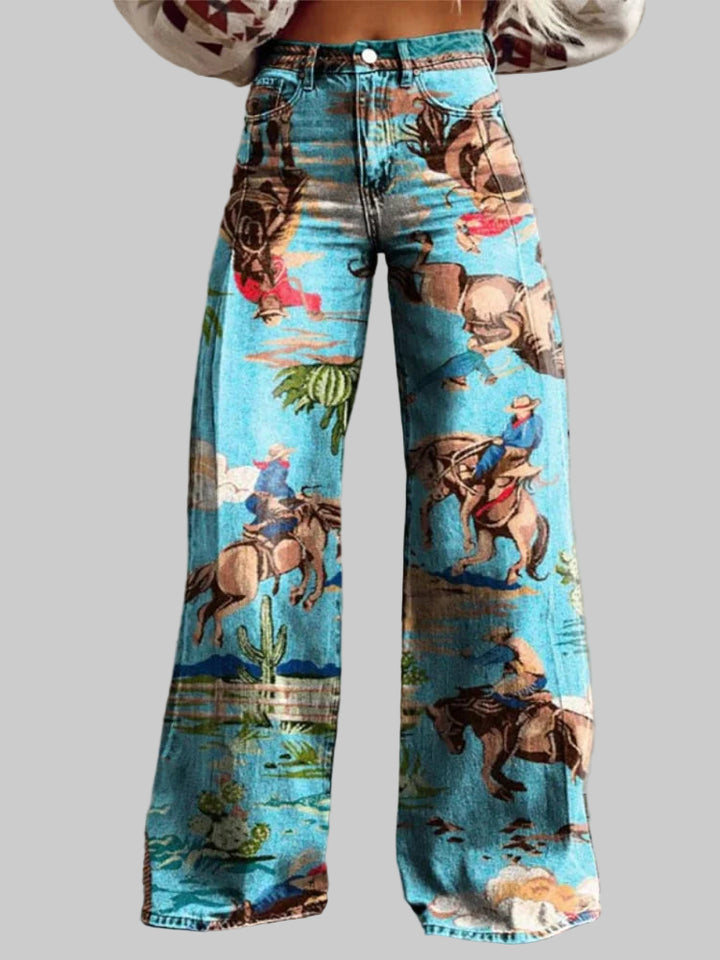 3D Digital Print Color Block Wide Leg Pants