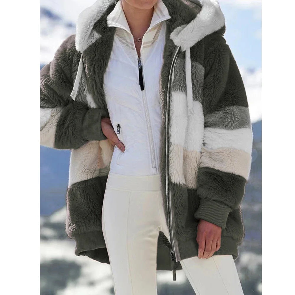 Hooded Thick Cashmere Zippered Plaid Winter Coat