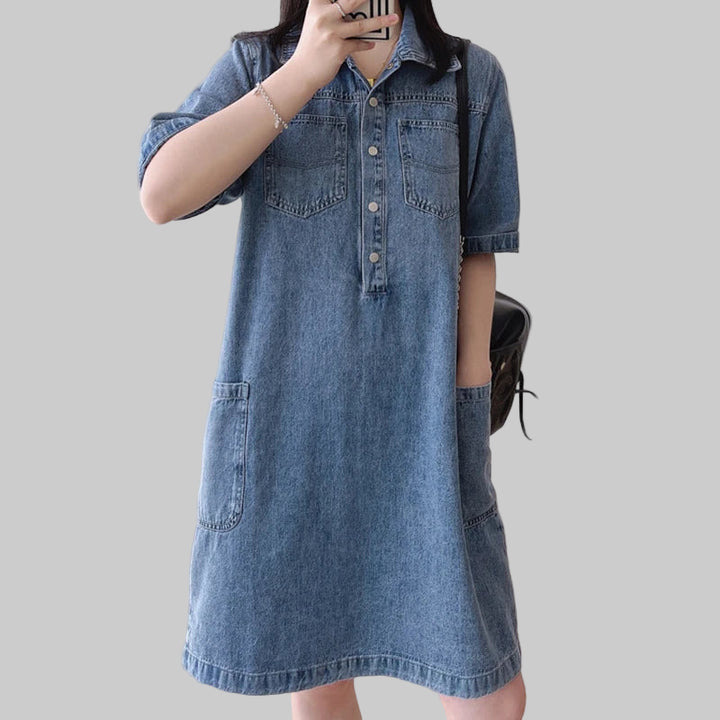 Knee-length Vintage denim dress with polo collar