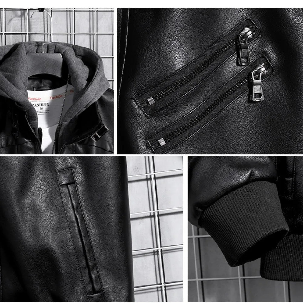 Hooded Leather Motorcycle Winter Coat