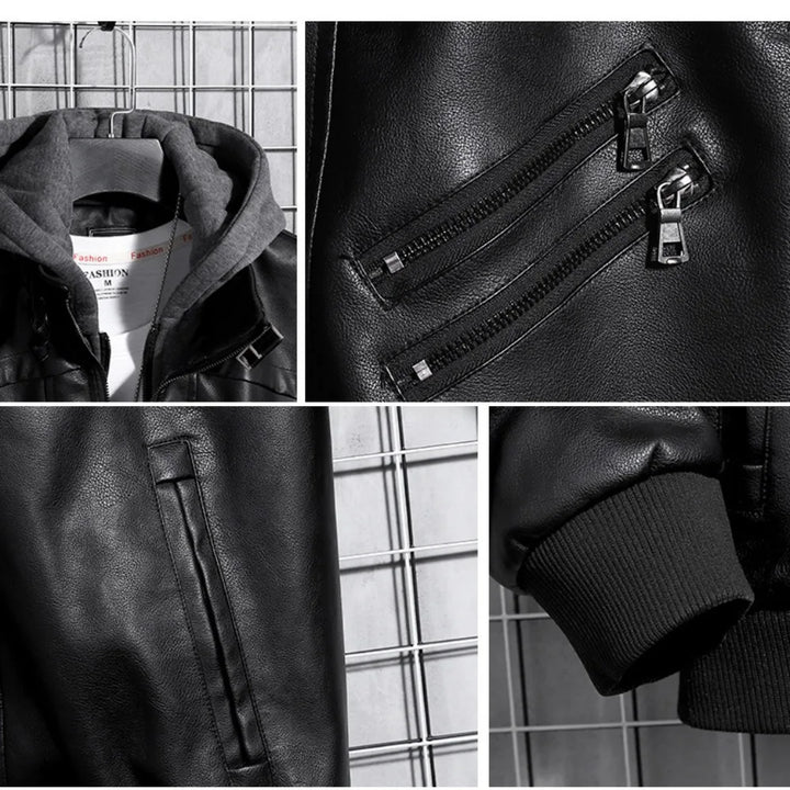 Hooded Leather Motorcycle Winter Coat