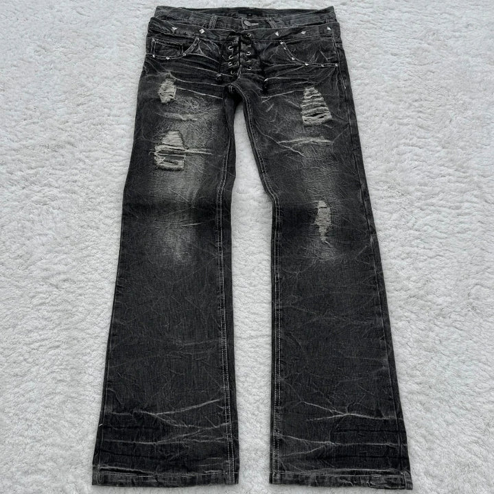 Washed Unisex Gothic Micro Flared Lace-Up Jeans
