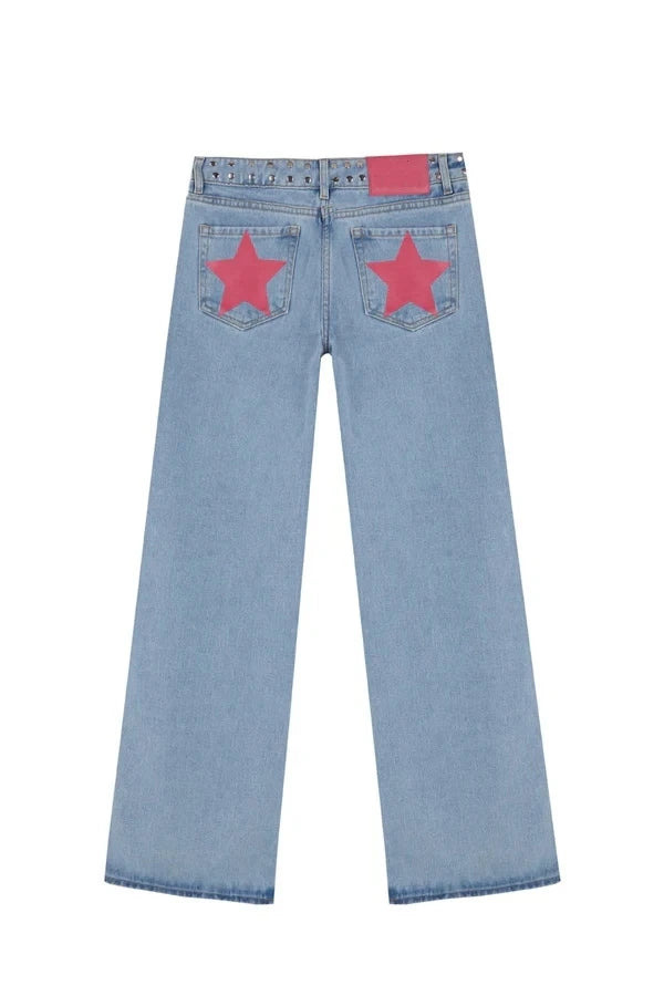 Retro Five-Pointed Star Print High-Waisted Baggy Jeans